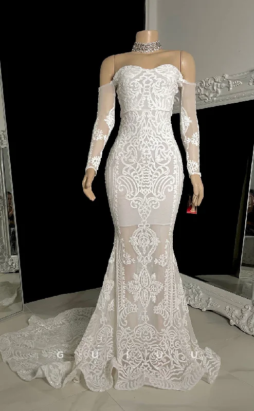 G2754 - Elegant Off-Shoulder Mermiad Lace Sheer Prom Evening Dress With Train Tunics Luxurious premium G2754 - Elegant Off-Shoulder Mermiad Lace Sheer Prom Evening Dress With Train Tunics Luxurious premium