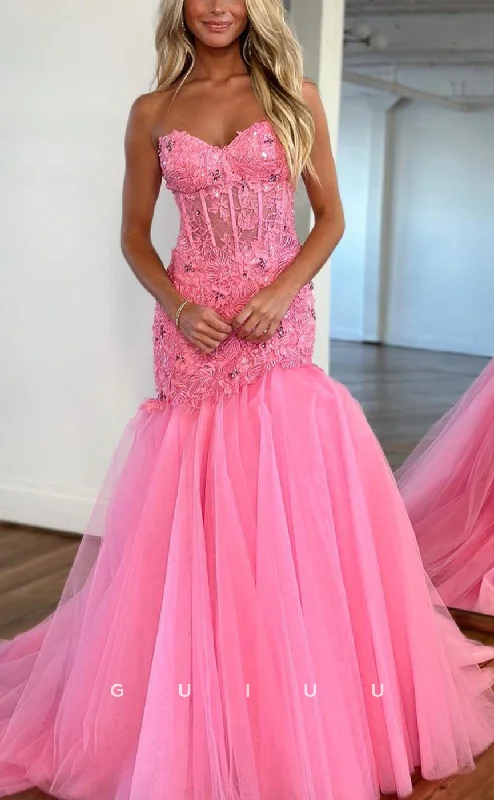 G2774 - Chic & Modern Memaid Strapless Applique Sheer Tulle Prom Evening Dress Tunics Wedding white G2774 - Chic & Modern Memaid Strapless Applique Sheer Tulle Prom Evening Dress Tunics Wedding white