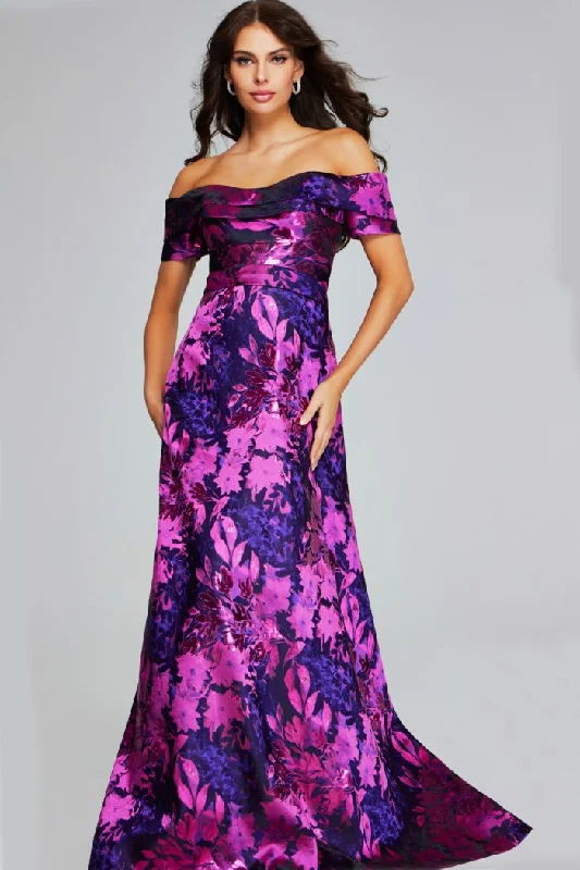 Jovani 42506 A Line Long Formal Floral Metallic Evening Dress Crew Neckline Casual