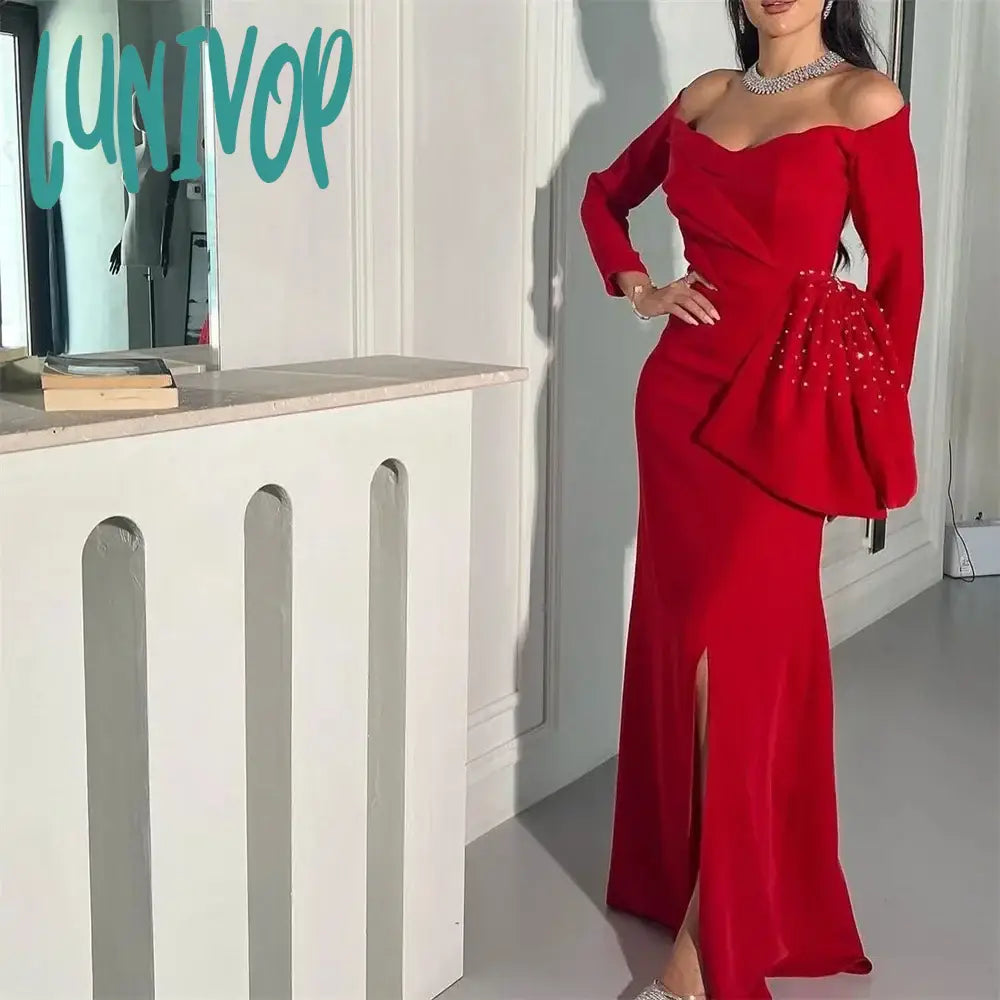 Lunivop Beaed Sequins Pleat Evening Dresses with Long Sleeve Floor-Length Sexy Mermaid Party Gown Dubai Arab Ruffles 2024 for Women Tunics Satin smooth Lunivop Beaed Sequins Pleat Evening Dresses with Long Sleeve Floor-Length Sexy Mermaid Party Gown Dubai Arab Ruffles 2024 for Women Tunics Satin smooth