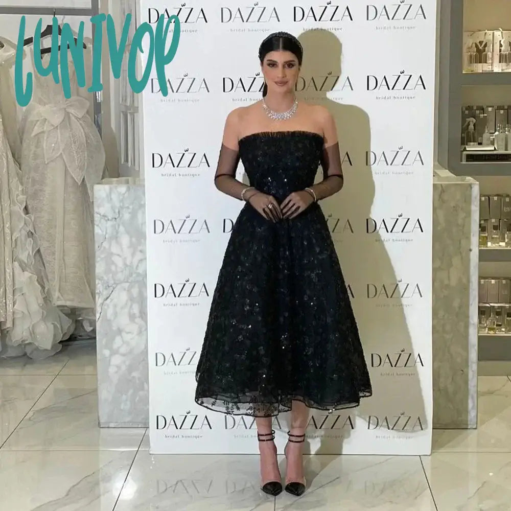 Lunivop Black Lace Appliques Prom Dresses Beading Strapless Evening Dresses A line Girls Party Gowns Dress Tunics Stylish modern Lunivop Black Lace Appliques Prom Dresses Beading Strapless Evening Dresses A line Girls Party Gowns Dress Tunics Stylish modern