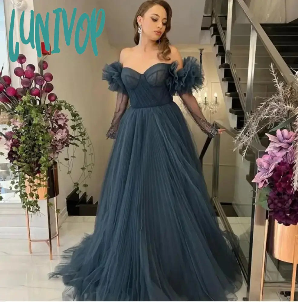 Lunivop Dark Grey Sweetheart Prom Dresses Off Shoulder Tulle Evening Dress 2024 Women Long A Line Party Gown Dress Turtleneck Neckline Stylish Lunivop Dark Grey Sweetheart Prom Dresses Off Shoulder Tulle Evening Dress 2024 Women Long A Line Party Gown Dress Turtleneck Neckline Stylish