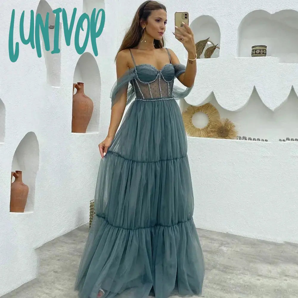 Lunivop Elegant Spaghetti Strap Tulle Prom Dresses Crystal Tiered Evening Dress 2024 Girls Slim Party Ball Dress sweetheart Neckline Romantic Lunivop Elegant Spaghetti Strap Tulle Prom Dresses Crystal Tiered Evening Dress 2024 Girls Slim Party Ball Dress sweetheart Neckline Romantic