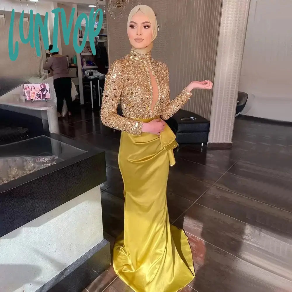 Lunivop Luxury High Neck 2024 Gold Evening Dresses Beaded Crystal Floor-Length Prom Gowns Sexy Mermaid Court Arab-Muslim Tunics Bridal satin Lunivop Luxury High Neck 2024 Gold Evening Dresses Beaded Crystal Floor-Length Prom Gowns Sexy Mermaid Court Arab-Muslim Tunics Bridal satin