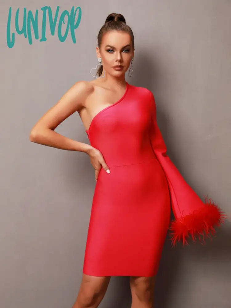 Lunivop New Arrival Women Summer Sexy One Shoulder Feather Hot Pink Mini Bodycon Bandage Dress Elegant Evening Club Party Dress Tunics Fleece cozy Lunivop New Arrival Women Summer Sexy One Shoulder Feather Hot Pink Mini Bodycon Bandage Dress Elegant Evening Club Party Dress Tunics Fleece cozy