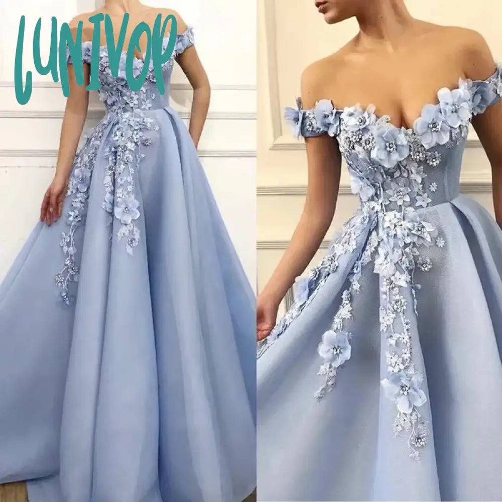 Lunivop Private Custom Elegant Blue Women's Evening Dress With 3D Flowers Off-Shoulder Pearl Fold Heavy Hand Custom Prom Party Dress Tunics Chic fashionable Lunivop Private Custom Elegant Blue Women's Evening Dress With 3D Flowers Off-Shoulder Pearl Fold Heavy Hand Custom Prom Party Dress Tunics Chic fashionable