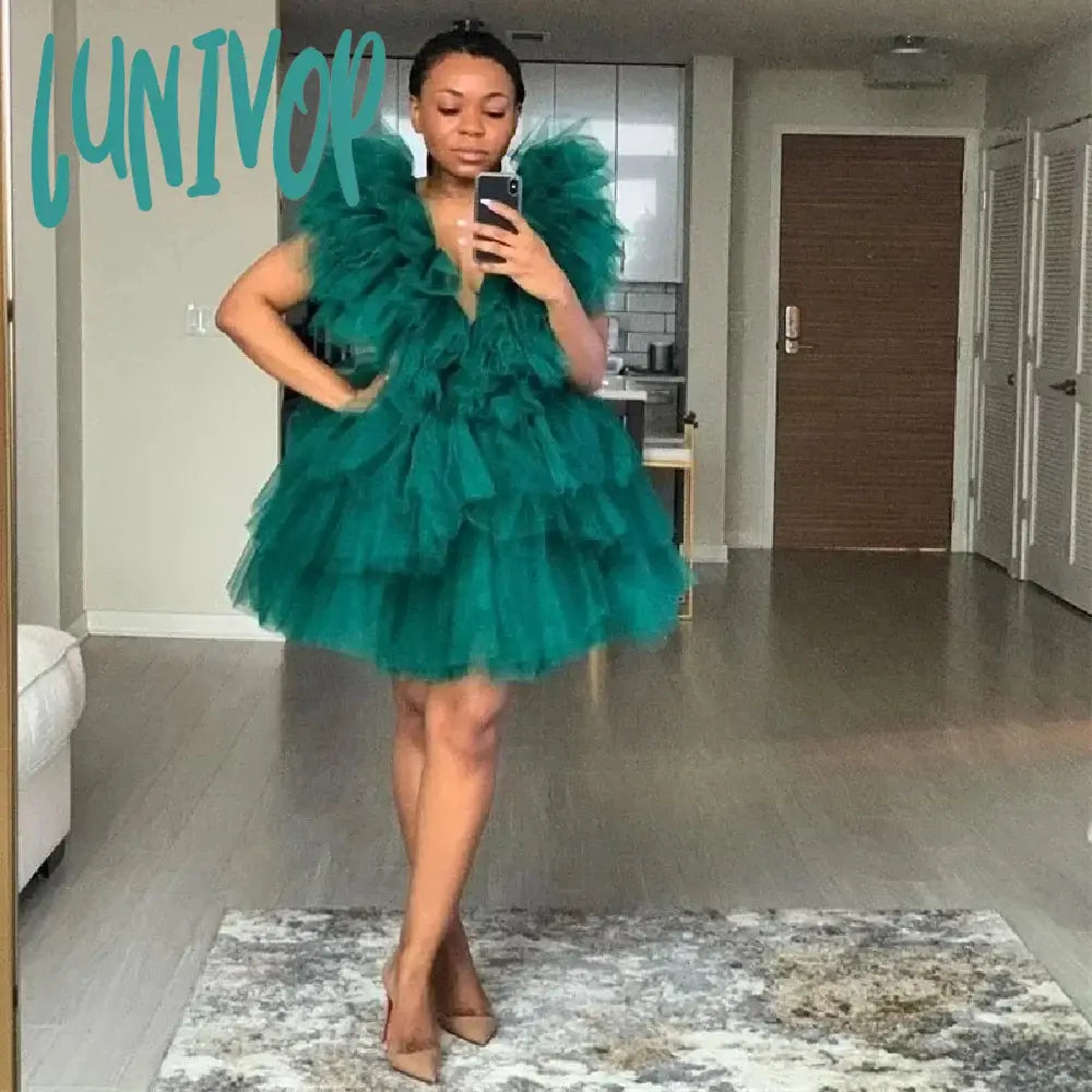 Lunivop Sexy Deep V-neck Ruffles Evening Dresses 2024 Short Mini Tulle Sleeveless Prom Gowns Custom Dubai Arab for Women Tunics Exclusive limited Lunivop Sexy Deep V-neck Ruffles Evening Dresses 2024 Short Mini Tulle Sleeveless Prom Gowns Custom Dubai Arab for Women Tunics Exclusive limited