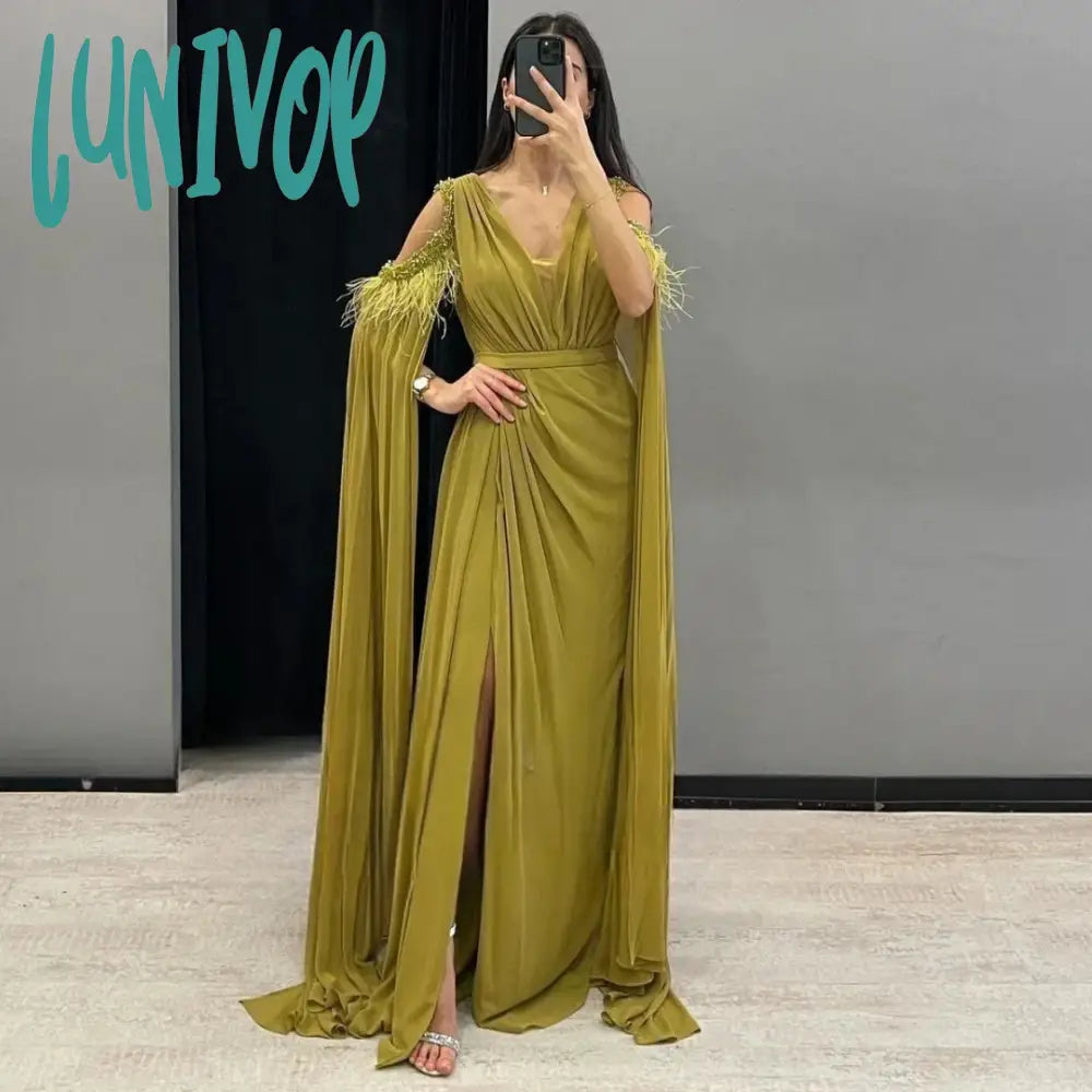 Lunivop V Neck Bead Feathers Flutter Evening Dresses 2024 Floor-Length Sexy Mermaid with Cape Fahion Pleat Party Gown for Women Tunics New arrival Lunivop V Neck Bead Feathers Flutter Evening Dresses 2024 Floor-Length Sexy Mermaid with Cape Fahion Pleat Party Gown for Women Tunics New arrival