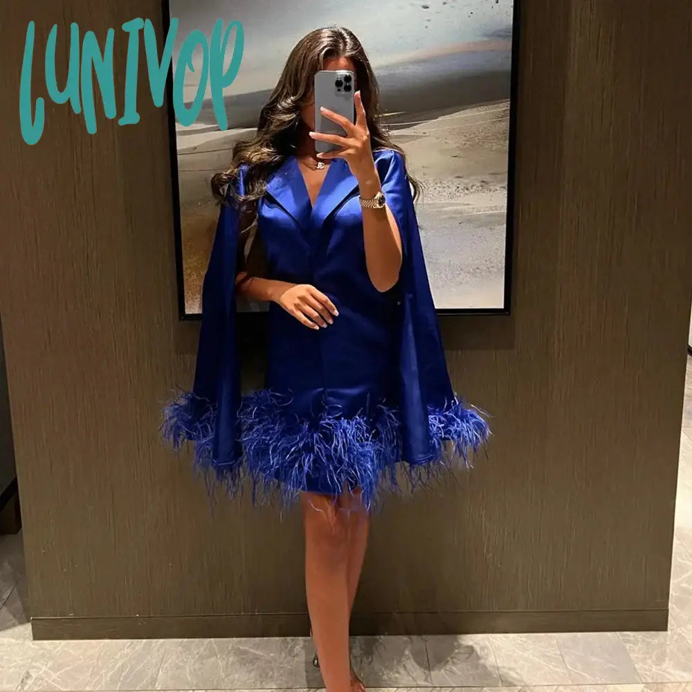 Lunivop vestidos de fiesta Elegant V-neck Satin Evening Dresses Sexy Mini Mermaid Court Party Gown Satin Dubai Arab with Cape sweetheart Neckline Romantic