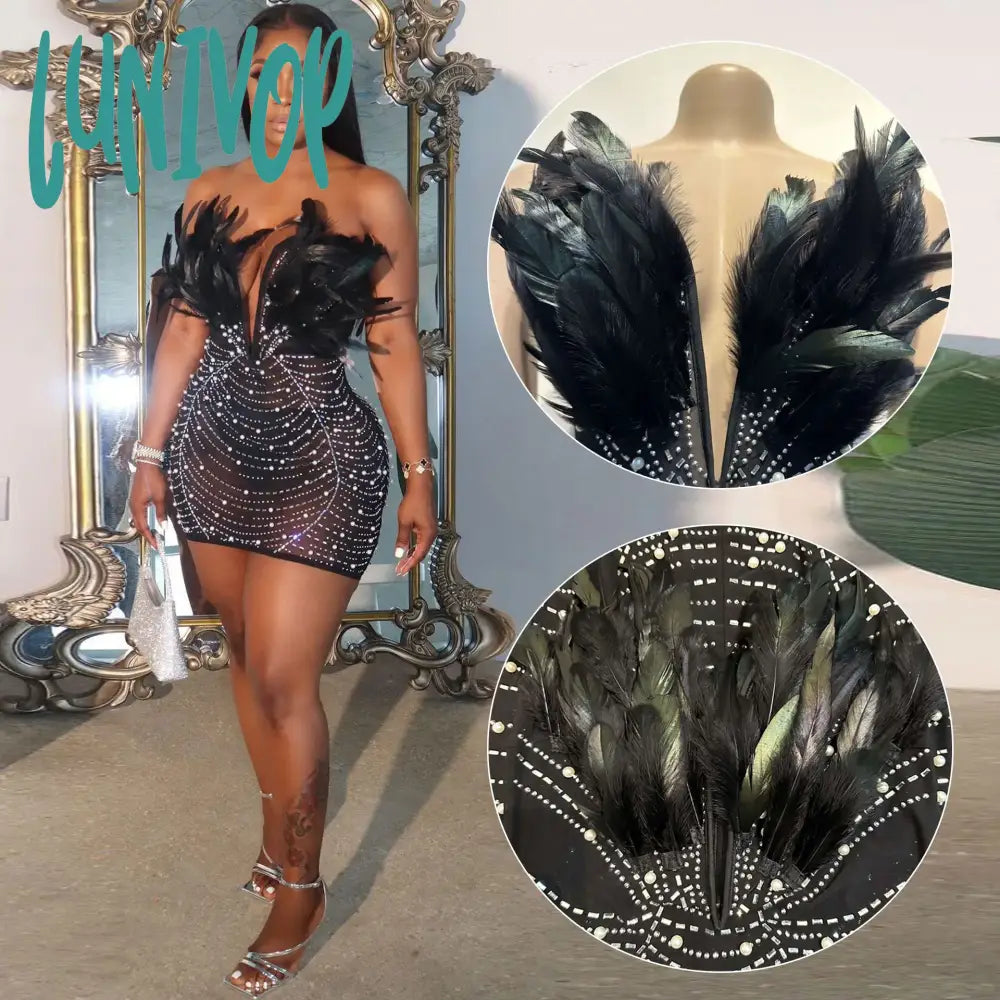 Lunivop Women Diamonds Hot Rhinestones Feather Mesh Strapless Plunging V-neck Bodycon Midi Dress Sexy Party Evening Dress Tunics Wedding white Lunivop Women Diamonds Hot Rhinestones Feather Mesh Strapless Plunging V-neck Bodycon Midi Dress Sexy Party Evening Dress Tunics Wedding white