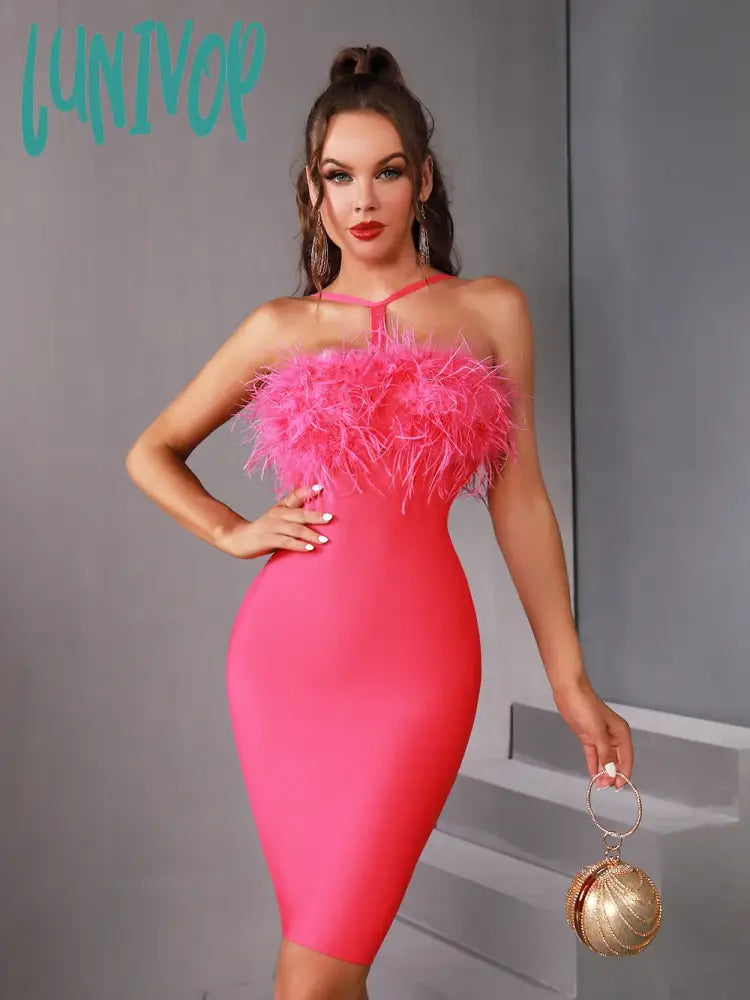 Lunivop Women Summer Fashion Sexy Cut Put Feather Hot Pink Mini Bodycon Bandage Dress Elegant Evening Club Party Dress Tunics Print Colorful Lunivop Women Summer Fashion Sexy Cut Put Feather Hot Pink Mini Bodycon Bandage Dress Elegant Evening Club Party Dress Tunics Print Colorful