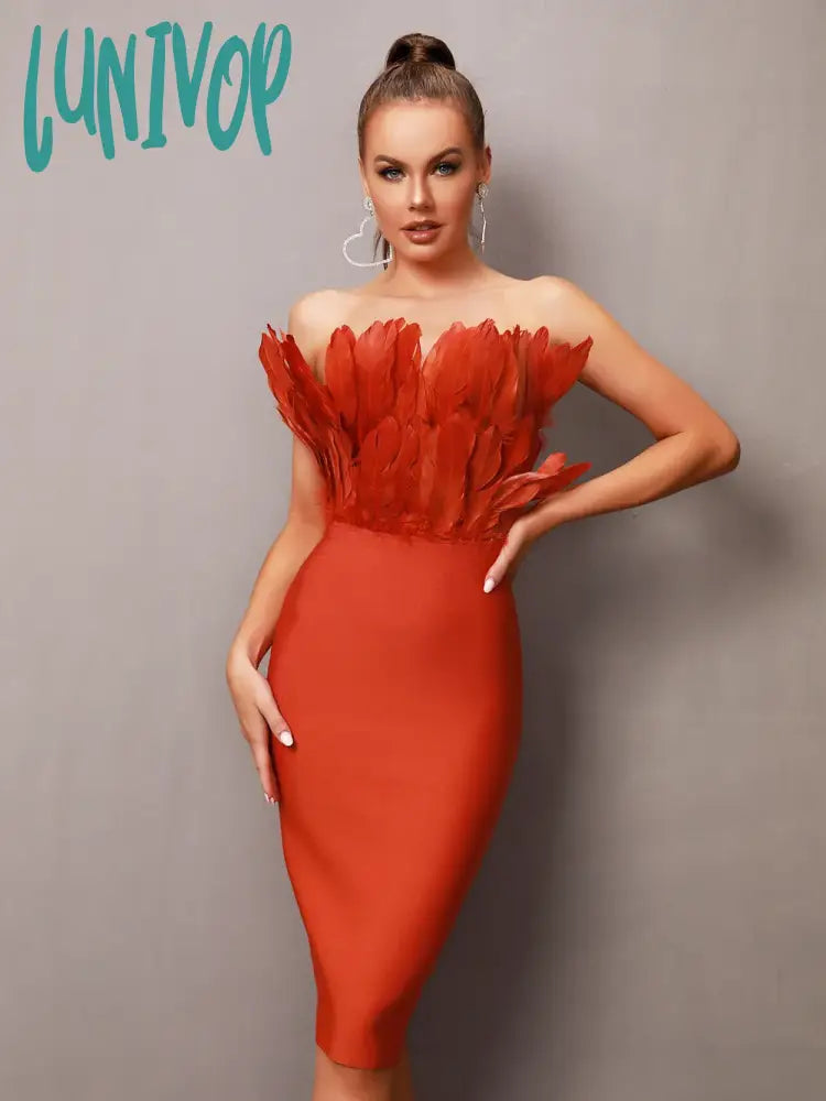 Lunivop Women Summer Sexy Strapless Backless Feather Brown Pink Green Midi Bodycon Bandage Dress Elegant Evening Party Dress High-Low Hemline Casual Lunivop Women Summer Sexy Strapless Backless Feather Brown Pink Green Midi Bodycon Bandage Dress Elegant Evening Party Dress High-Low Hemline Casual