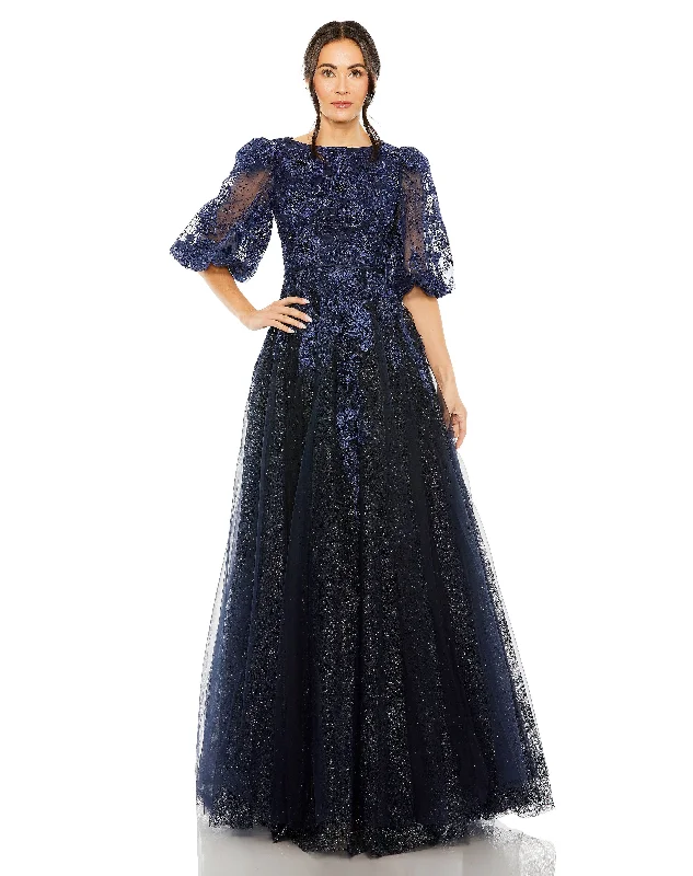 Mac Duggal 20506 Long Formal A Line Puff Sleeve Evening Dress Tunics Spring floral