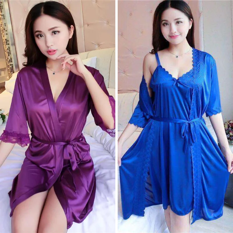 Pack Of 2 - Short Night Dress & Full Sleeves Robe - Purple & Navy Blue Tunics Fleece cozy