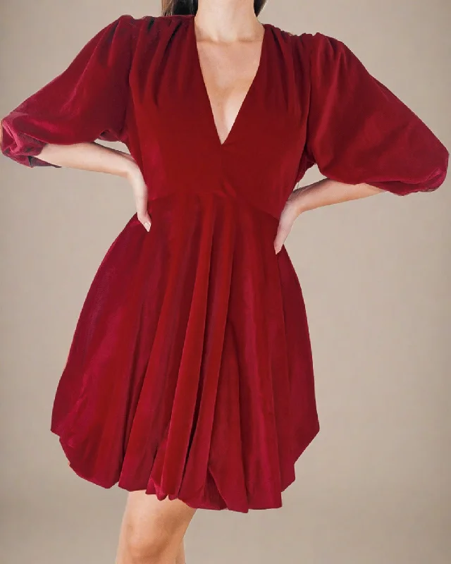 Clara Red Party Dress - Red Velvet Dress with Balloon Sleeves Tunics Sophisticated sleek Clara Red Party Dress - Red Velvet Dress with Balloon Sleeves Tunics Sophisticated sleek