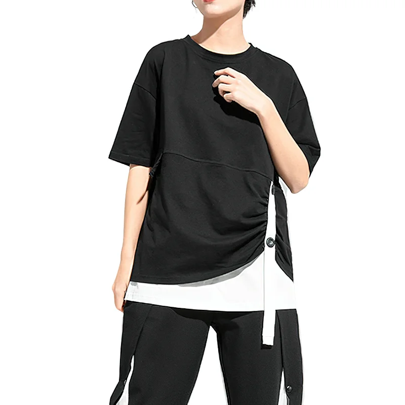 Cool Women's Black Pleated T-shirt / Round Neck Top with Short Sleeve Ribbed Striped Patterned Ribbed Striped Patterned Cool Women's Black Pleated T-shirt / Round Neck Top with Short Sleeve Ribbed Striped Patterned Ribbed Striped Patterned