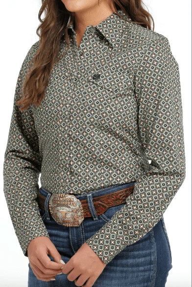 Cinch Women's Olive Geo Long Sleeve Button Western Shirt MSW9201044 Elegant Classic Vintage Elegant Classic Vintage