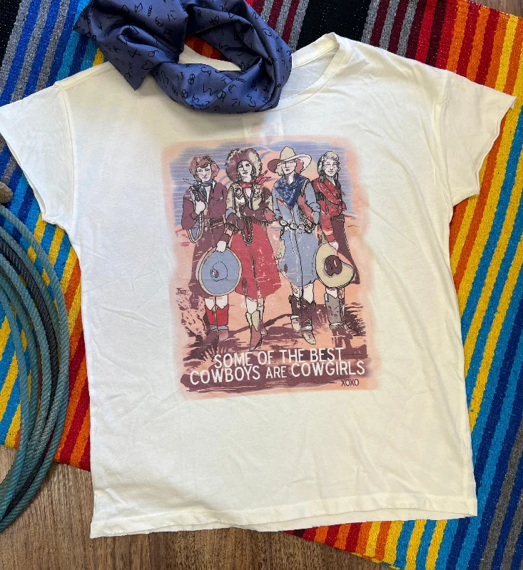 XOXO 'Some of the Best Cowboys Are Cowgirls' Distressed Cream Western Tee Shirt Mesh Canvas Denim Mesh Canvas Denim XOXO 'Some of the Best Cowboys Are Cowgirls' Distressed Cream Western Tee Shirt Mesh Canvas Denim Mesh Canvas Denim
