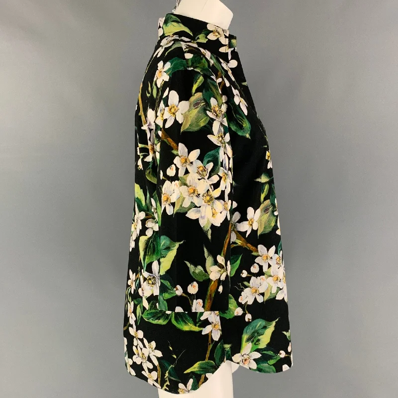 DOLCE & GABBANA Size 4 Black Green Floral Cotton Button Down Shirt Chenille Brocade Lace Chenille Brocade Lace DOLCE & GABBANA Size 4 Black Green Floral Cotton Button Down Shirt Chenille Brocade Lace Chenille Brocade Lace