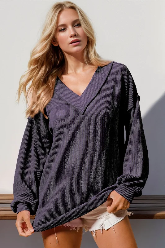 Double Take Exposed Seam Ribbed Textured V-Neck Long Sleeve T-Shirt Handmade Hand-knitted Hand-woven Handmade Hand-knitted Hand-woven Double Take Exposed Seam Ribbed Textured V-Neck Long Sleeve T-Shirt Handmade Hand-knitted Hand-woven Handmade Hand-knitted Hand-woven