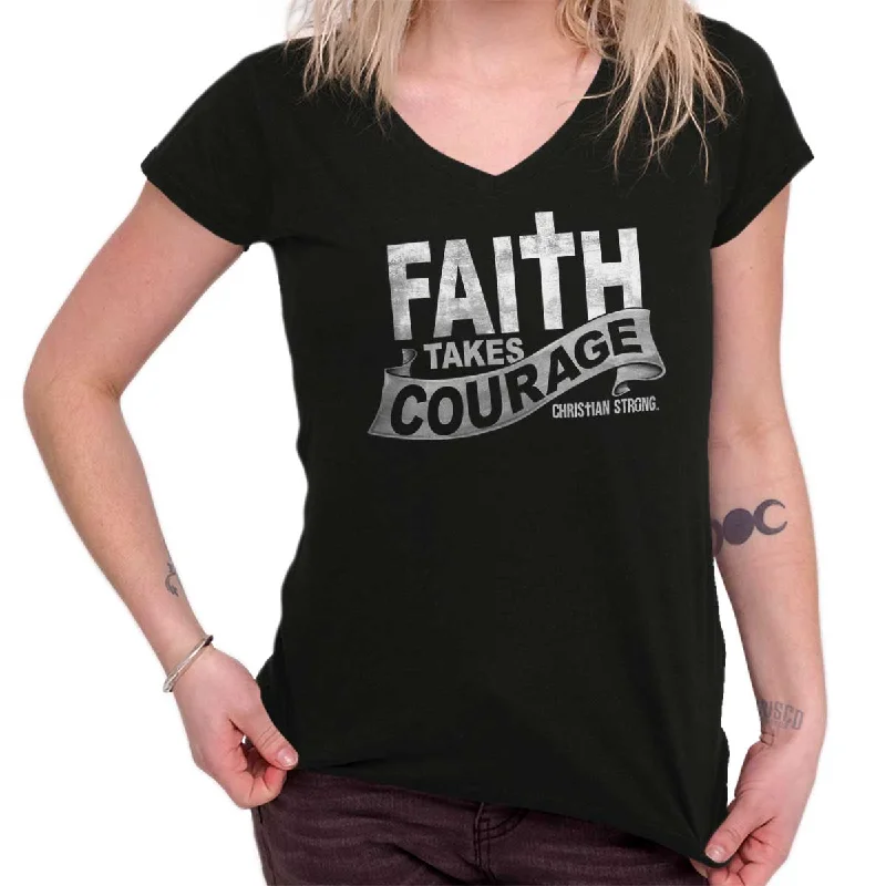 Faith Takes Courage Junior Fit V-Neck T-Shirt Beaded Sequined Faux Fur Beaded Sequined Faux Fur