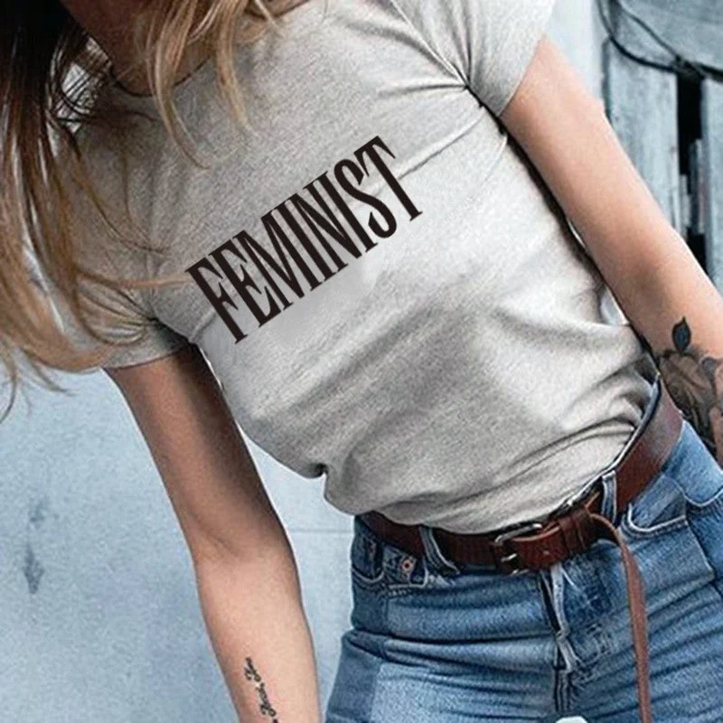 FEMINIST Womens Fashion Vogue T Shirt Denim Fabric Leather Fabric Suede Fabric Denim Fabric Leather Fabric Suede Fabric