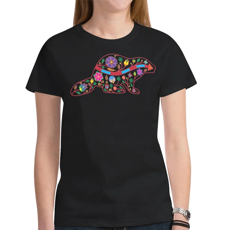 Floral Beaver Spirit Guide (Black) T-shirt for Women Anti-Shrink Durable Soft Anti-Shrink Durable Soft