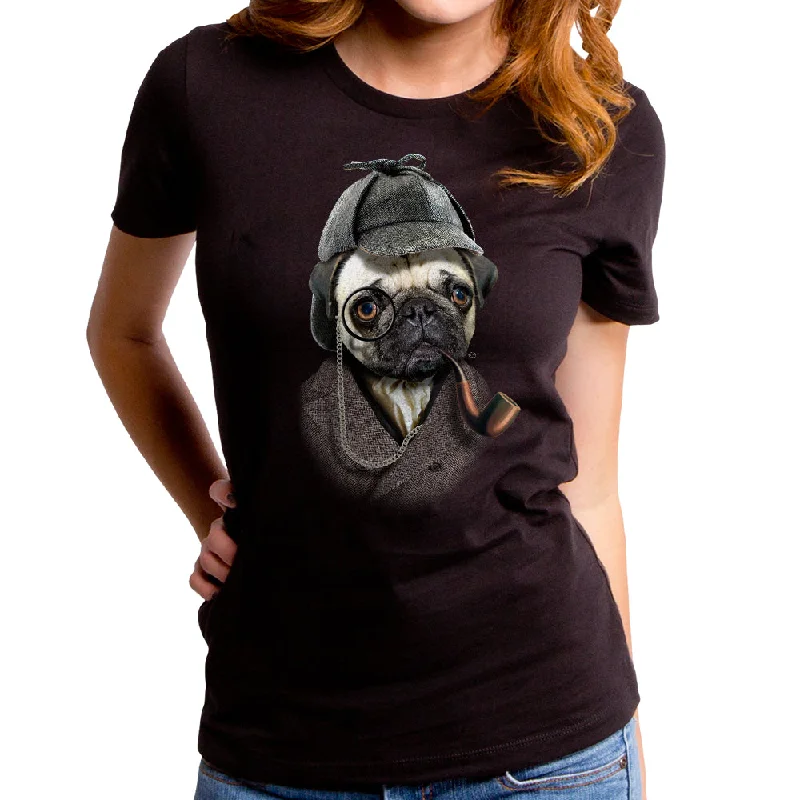 Sherlock Pug Women's T-Shirt Ribbed Striped Patterned Ribbed Striped Patterned