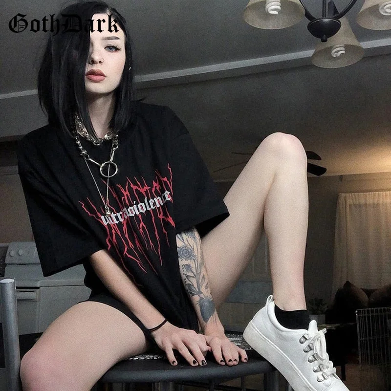 Goth Dark Black Loose Grunge Print T-shirts Gothic Harajuku Fashion Streetwear Summer 2019 Cool T-shirt For Women O-neck T shirt Mesh Fabric Canvas Fabric Denim Fabric Mesh Fabric Canvas Fabric Denim Fabric