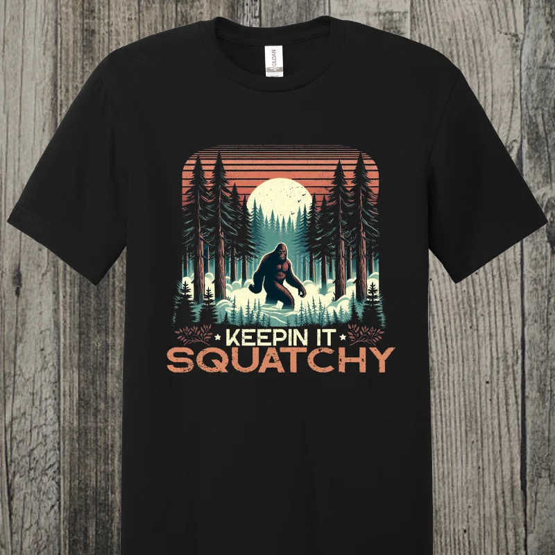 Keepin' It Squatchy Retro Bigfoot Tee - 100% Ring Spun Cotton Solid Color Striped Floral Solid Color Striped Floral