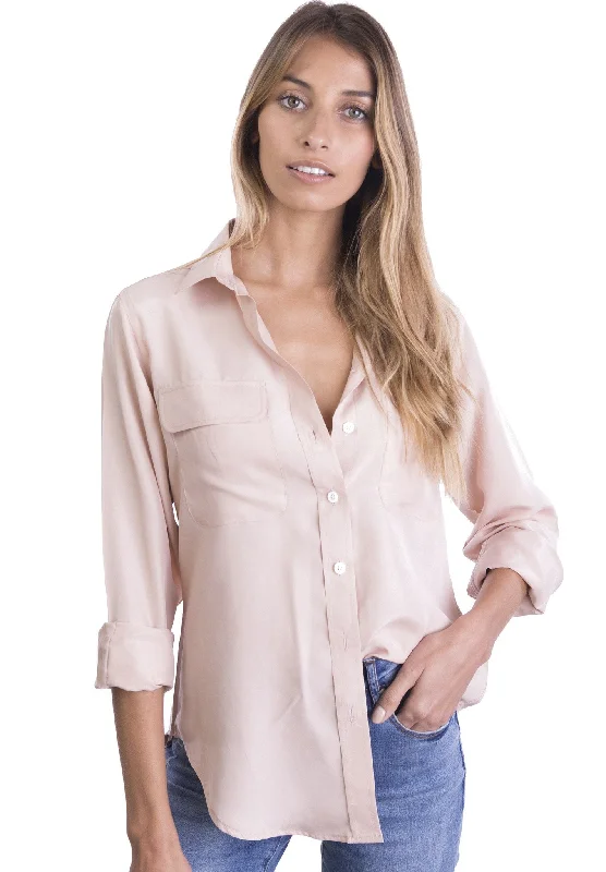 Lete-Silk Blush Pink Classic Sand Washed Silk Shirt Ribbed T-Shirt High Neck Heavyweight Ribbed T-Shirt High Neck Heavyweight