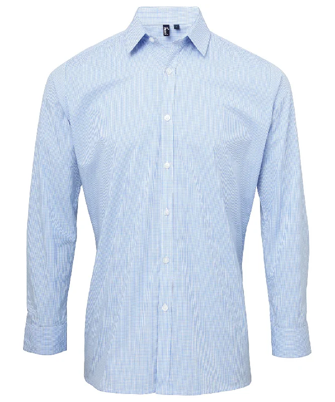 Light Blue/White - Microcheck (Gingham) long sleeve cotton shirt Terry Blend Velvet Blend Canvas Blend Terry Blend Velvet Blend Canvas Blend