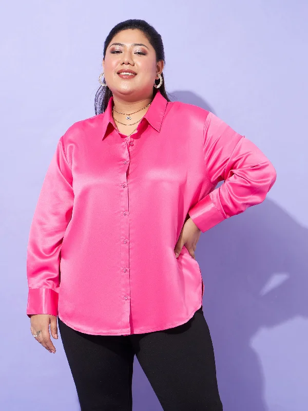 Lyush Women Pink Regular Satin Shirt Boxy Fit Fitted Loose Boxy Fit Fitted Loose