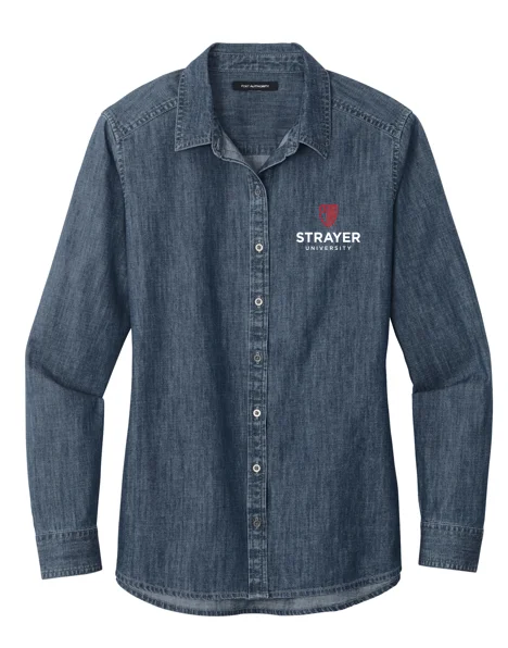 NEW STRAYER Port Authority® Ladies Long Sleeve Perfect Denim Shirt - Medium Wash Elasticated Padded Insulated Elasticated Padded Insulated