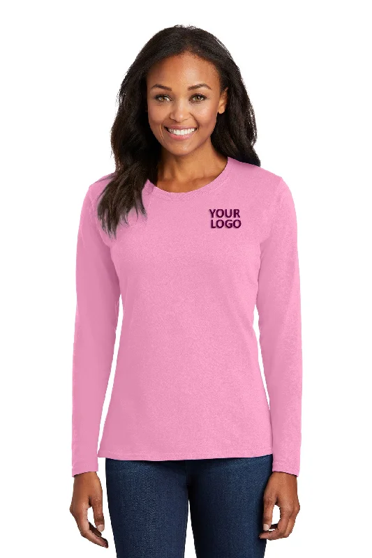 Port & Company Ladies Long Sleeve Branded Core Cotton Tee's, Candy Pink Front Pockets Side Pockets Patch Pockets Front Pockets Side Pockets Patch Pockets