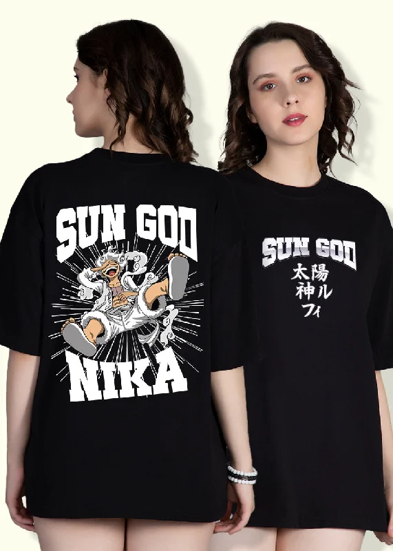 Sun God Printed Black Oversized T-shirt For Womens | Pronk Collared Crew Neck Turtle Neck Collared Crew Neck Turtle Neck