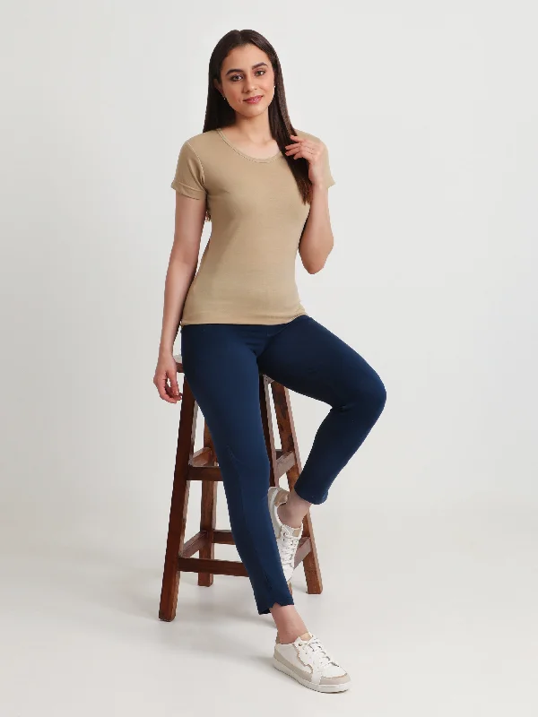 T.T. Women Solid Regular Fit Poly Round Neck Tshirts -Beige Nylon Fabric Polyester Fabric Spandex Fabric Nylon Fabric Polyester Fabric Spandex Fabric