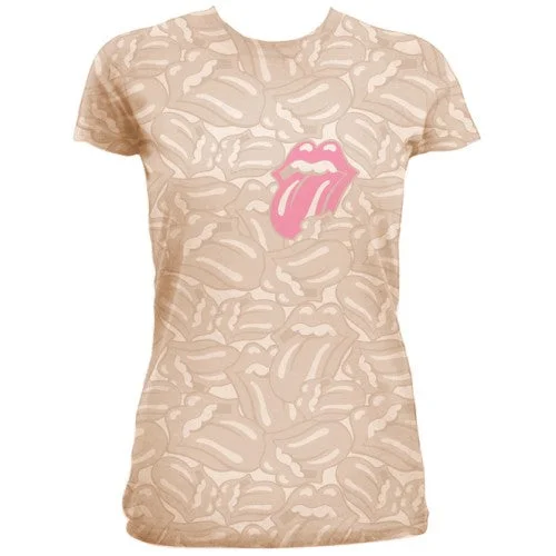 The Rolling Stones Ladies T-Shirt: Tongues All Over Asymmetrical Pockets Print Asymmetrical Pockets Print