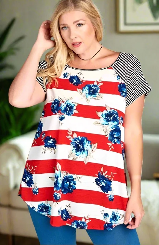 Womens Floral Striped Top, 4th of July Shirt, Plus Sizes 1xl/2xl/3xl, Red/White/Blue Welt Pockets Slit Pockets Welt Pockets Slit Pockets Womens Floral Striped Top, 4th of July Shirt, Plus Sizes 1xl/2xl/3xl, Red/White/Blue Welt Pockets Slit Pockets Welt Pockets Slit Pockets