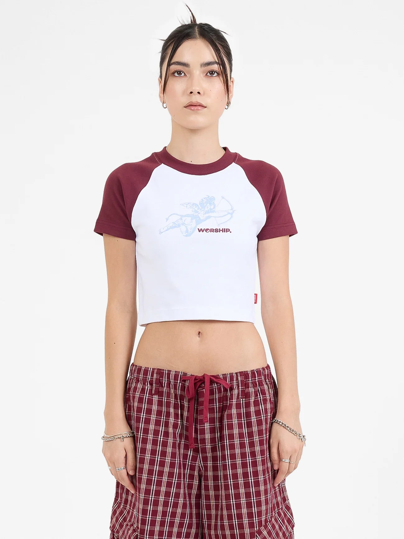 WORSHIP Cherub Raglan Micro Womens Tee - Vintage Wine Fashionable Trendy Casual Fashionable Trendy Casual