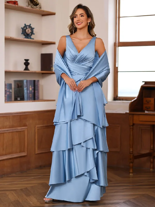 A-Line/Princess V-Neck Sleeveless Floor-Length Mother of the Bride Dresses With Ruffles & Wrap Tunics Running lightweight Tunics Running lightweight