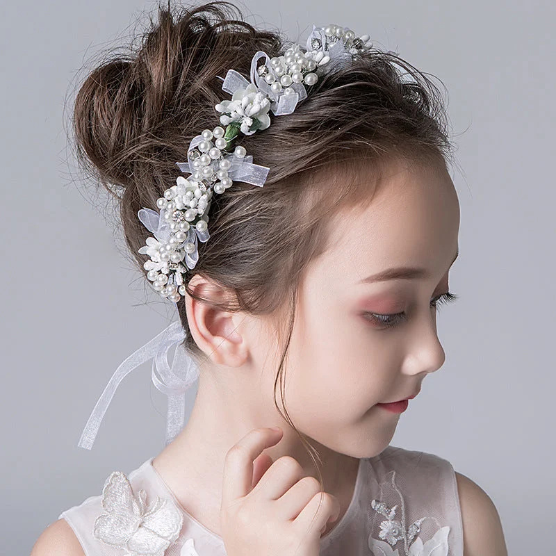 Children's Dress White Lace Pearl Flower Headband Accessories Tunics Satin smooth Tunics Satin smooth