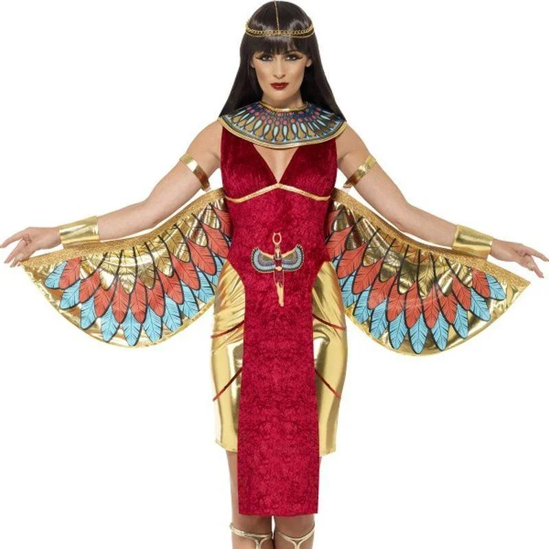 Egyptian Goddess Costume Adult Red Gold Dress Wings Collar Headpiece Tunics Formal black Tunics Formal black