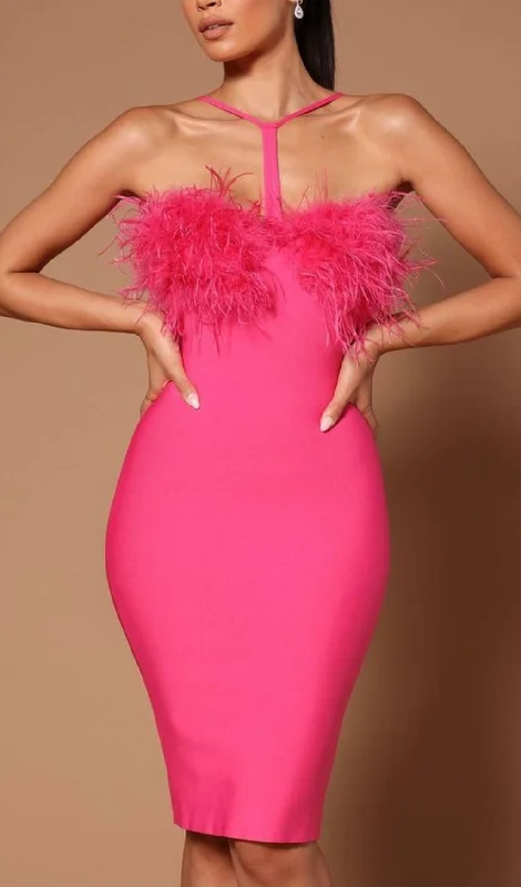 FEATHER HALTER MINI DRESS IN PINK Tunics Stylish elegant Tunics Stylish elegant