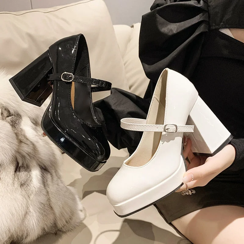 High Heels Women Trend Chunky Heels Platform Lolita Mary Jane Elegant Party Korean Shoes  Dress White The Glossy Fashion Tunics Trousers formal Tunics Trousers formal