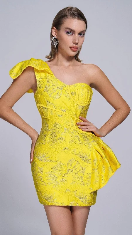 JACQUARD ONE SHOULDER MINI DRESS IN YELLOW Tunics Solid Classic Tunics Solid Classic