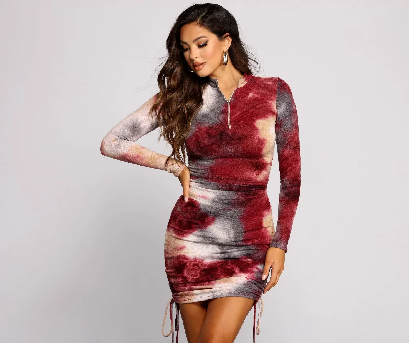 Keeping Knit Retro Tie Dye Ruched Mini Dress Tunics Stylish elegant Tunics Stylish elegant