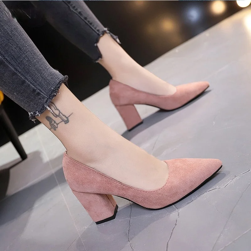 New Women Pumps Flock Sweet Thick High Heels Female Sexy Office Pointed Toe Dress Work Pump Cute Shoes Ladies Footwear Tunics Sophisticated sleek Tunics Sophisticated sleek