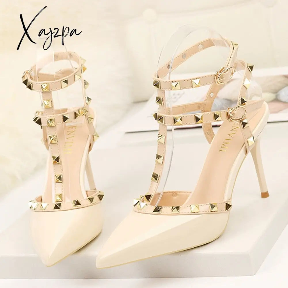 Xajzpa - Rivet High Heels Luxury Designer Women Shoes Ladies Pumps Sexy Spring Summer Fashion Sandals Office Dress White Black Shoes Tunics Custom made Tunics Custom made