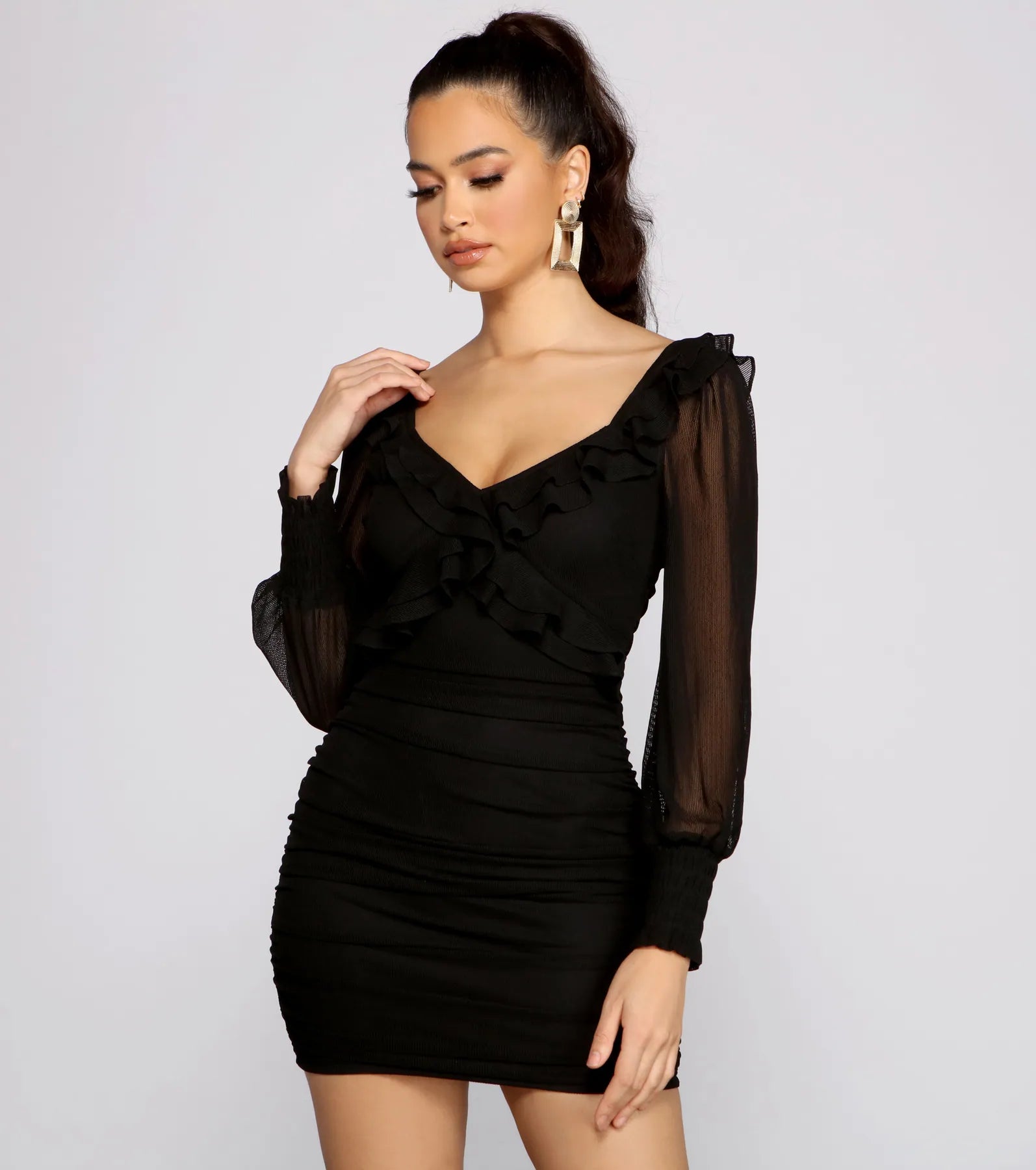 Romantic Ruffle Detail Mesh Bodycon Dress Tunics Yoga stretchy Tunics Yoga stretchy